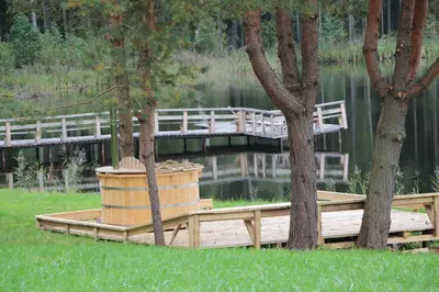 a wooden bridge over a body of water with trees at Yurtos in Gaugariai