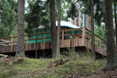 a boat on a bridge in the woods at Yurtos in Gaugariai