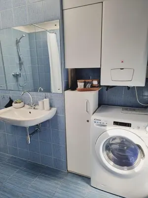 a bathroom with a washing machine and a sink at Old Town Jiva apartment in Kaunas