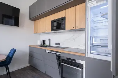 a kitchen with a sink and a refrigerator at Jasinskio Apartament - Lollo Stay in Vilnius