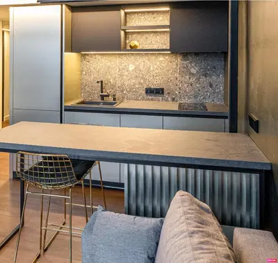 a kitchen with a counter and a sink and a couch at Stylish Black and White loft in Kaunas