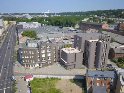 an overhead view of a city with buildings and a street at Cosy Panoramic Studio in the center for 1-2 pers. in Kaunas