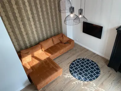 a living room with a brown couch and a tv at Kęstučio 55 in Kaunas