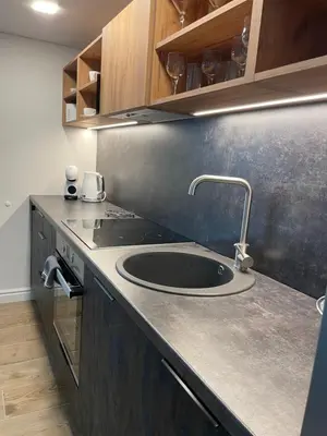 a kitchen with a sink in a counter top at Kęstučio 55 in Kaunas