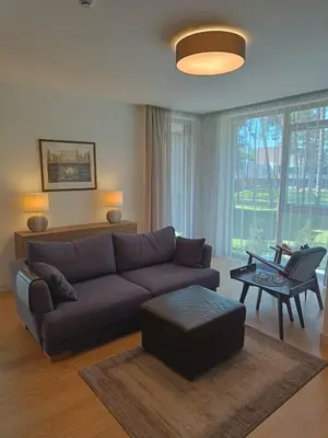 a living room with a couch and a table at Moderniškas ir jaukus butas gamtos apsuptyje in Druskininkai