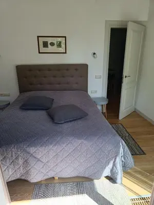 a bedroom with a bed with two pillows on it at Moderniškas ir jaukus butas gamtos apsuptyje in Druskininkai