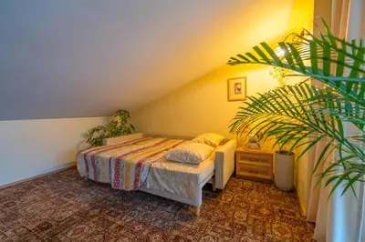 a bedroom with a bed and a dresser and a plant at Cozy house in Vilnius in Vilnius
