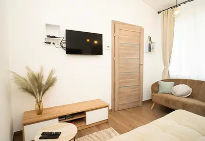 a living room with a couch and a tv on a wall at Downhill Apartment with a Private Terrace in Kaunas