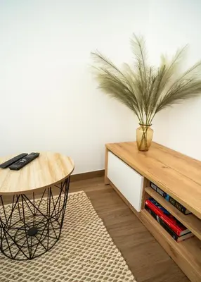 a living room with a table and a potted plant at Downhill Apartment with a Private Terrace in Kaunas