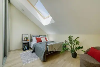 a bedroom with a bed and a skylight at Old Town Apartment in Vilnius