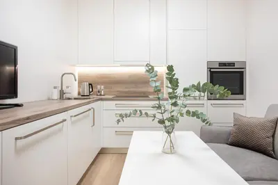a kitchen with white cabinets and a table with a plant at Cathedral apartment, perfect for couples in Vilnius