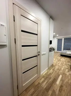 a large door in a room with wooden floors at OZO Life Apartment in Vilnius