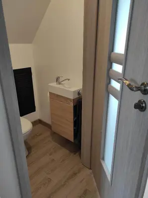 a bathroom with a sink and a toilet at Apartamentai G&G in Jurbarkas