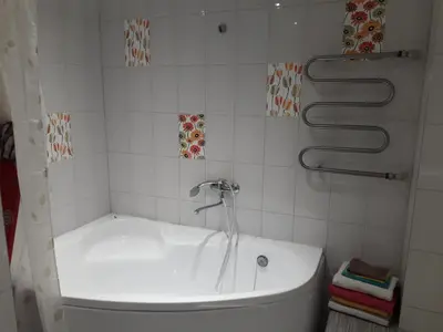 a bath tub with a shower in a bathroom at Spacy apartment in Kaunas center in Kaunas
