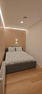 a bedroom with a bed with a black cat sitting on it at 14 New Airport Apartment in Vilnius