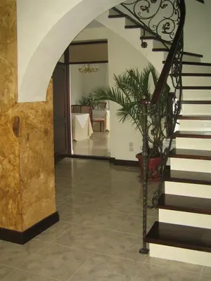a hallway with a staircase with a plant in it at Bellavilla in Vilnius