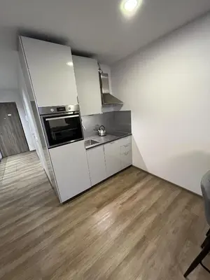 a kitchen with white cabinets and a stove top oven at Lovely Flat with Great Central Location Vilnius in Vilnius