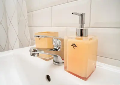 a soap dispenser sitting on a sink in a bathroom at Downhill Apartment on the Groundfloor in Kaunas