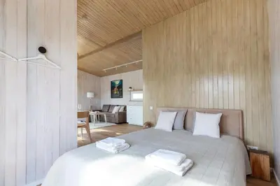 a bedroom with a large bed with white pillows at Pineplace twins NIDA in Žaugėdai