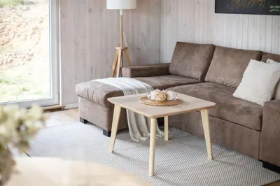 a living room with a couch and a table at Pineplace twins NIDA in Žaugėdai