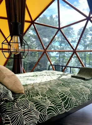 a bed in a room with a large window at Glamping Zarasai in Palivarkas