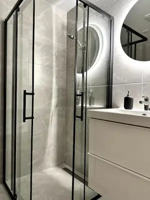 a bathroom with a shower and a sink at Wolfie Apartment, City Center in Vilnius
