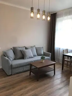 a living room with a couch and a coffee table at Vytauto Septyni in Zarasai