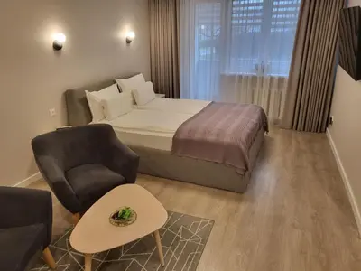 a hotel room with a bed and a chair at Vanilės home in Šiauliai
