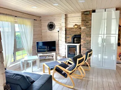 a living room with a couch and a fireplace at GREY PINE HOUSE in Druskininkai