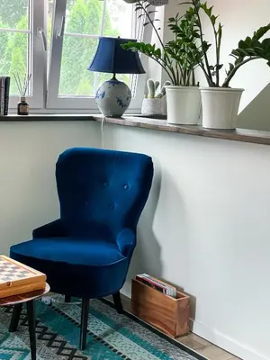 a blue chair in a room with plants on a shelf at Mėta House in Merkinė