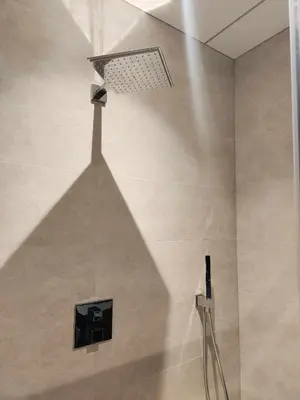 a shower with a shadow on the wall at Prie Vilneles Apartment in Vilnius