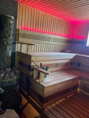 a sauna with red lighting in a room at Pas sesutes sodyba in Pamarnakai