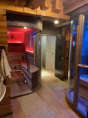 a bathroom with a shower and a sink at Pas sesutes sodyba in Pamarnakai