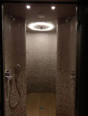 a bathroom with a shower with a light on the ceiling at Pas sesutes sodyba in Pamarnakai