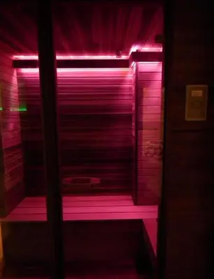 a room with pink lights on a wooden bench at Pas sesutes sodyba in Pamarnakai