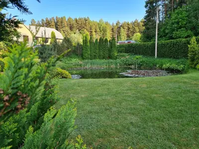 a garden with a pond in the middle of a yard at GREEN HOUSE in Anykščiai