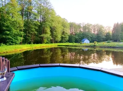 a view of a pond with a house in the background at Reed Cottage in Dzenkuniskes