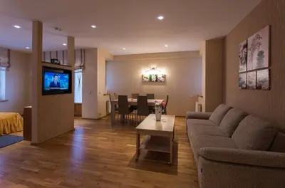 a living room with a couch and a dining room at Abariaus Apartamentai in Druskininkai