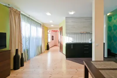 a hallway with a kitchen and a living room at Abariaus Apartamentai in Druskininkai