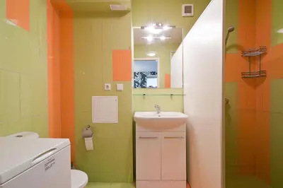 a bathroom with a sink and a mirror at Abariaus Apartamentai in Druskininkai