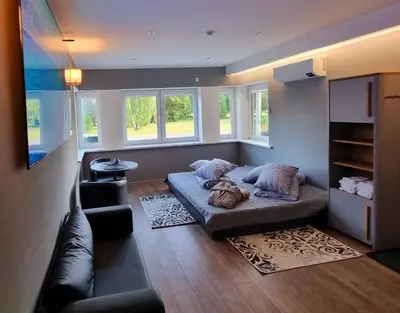 a living room with a couch and some windows at Park apartments in Rokiškis