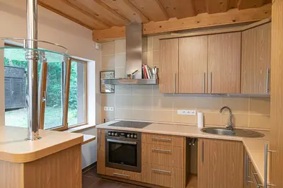 a kitchen with wooden cabinets and a sink and a window at Villa Green in Molėtai