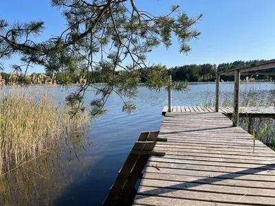 a wooden dock sitting on top of a lake at Villa Green in Molėtai