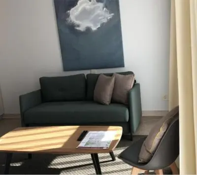 a living room with a green couch and a coffee table at HaPPy Inn Ugnė, The studio is in the heart of the old town, self-check-in, car-parking in Vilnius