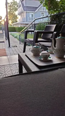 a table with a tea set on it on a patio at Druskininkų Pasaga in Druskininkai