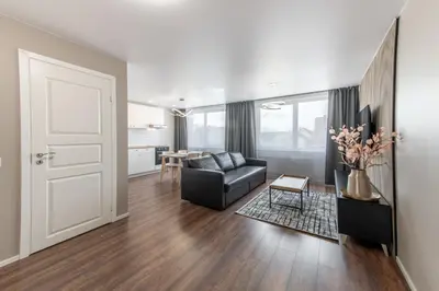 a living room with a couch and a table at Stiklo Apartamentai in Radviliškis