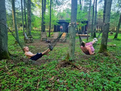 two people laying in hammocks in a forest at Miško sielos namelis su pirtele in Aukštelkė