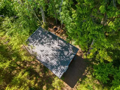 an overhead view of a swimming pool in a forest at Miško sielos namelis su pirtele in Aukštelkė