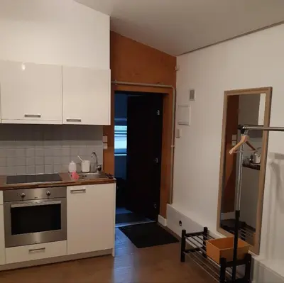 a kitchen with white cabinets and a black door at Studio in Kaunas City in Kaunas