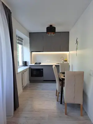 a kitchen with a table and chairs in a room at Trumpalaikė apartamentų nuoma centre (Vytauto g.) in Šiauliai